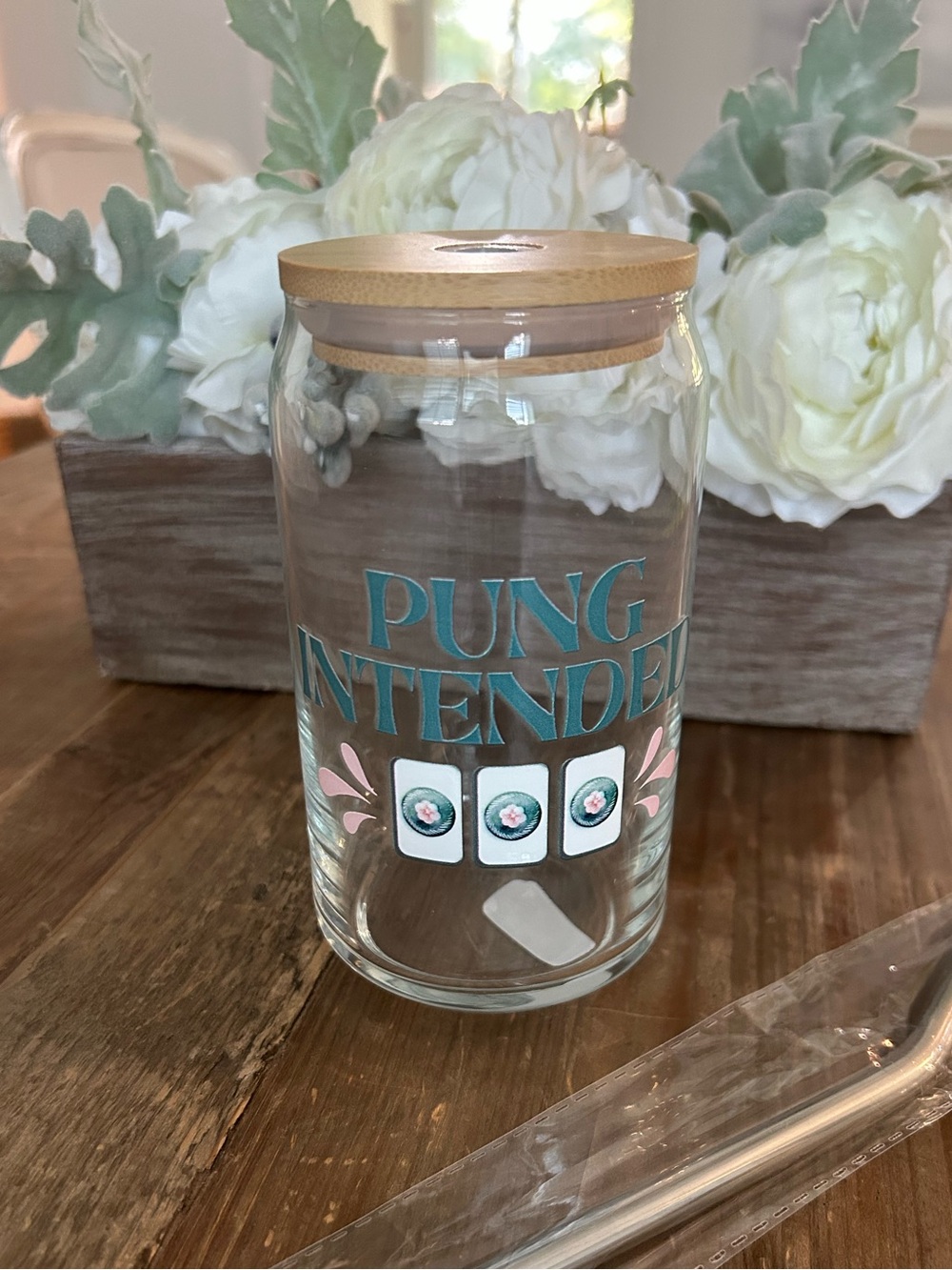 Mahjong Pung Intended Glass with Bamboo Lid NWOT